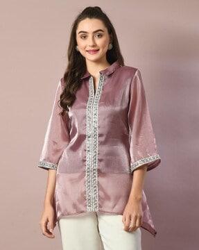 women embroidered regular fit tunic with collar neck