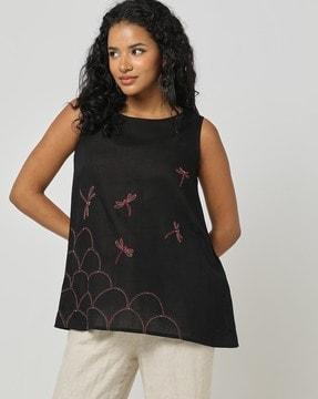 women embroidered relaxed fit boat-neck top