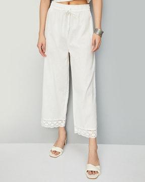 women embroidered relaxed fit palazzos with elasticated waistband