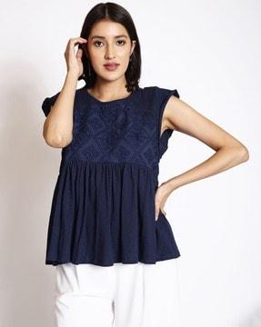 women embroidered relaxed fit peplum top