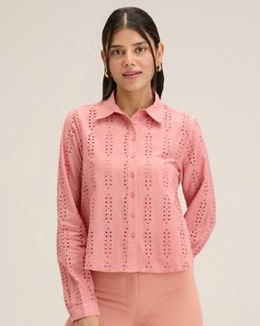 women embroidered relaxed fit shirt with spread collar