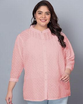 women embroidered relaxed fit tunic with cuffed sleeves