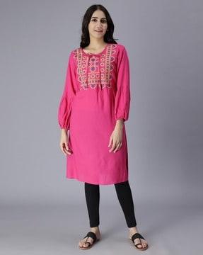 women embroidered round-neck a-line dress