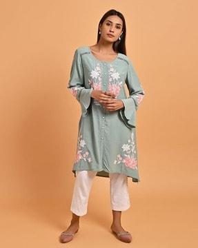 women embroidered round-neck a-line tunic