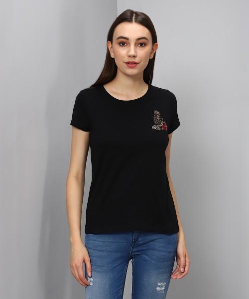 women embroidered round neck cotton blend black t-shirt