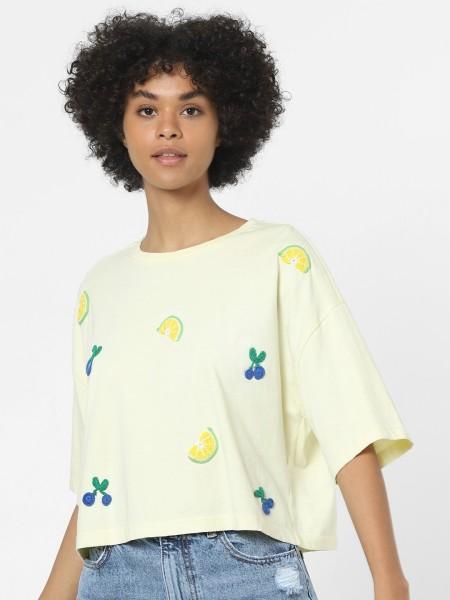 women embroidered round neck cotton blend yellow t-shirt