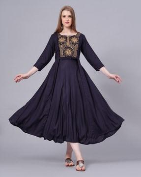 women embroidered round-neck fit & flare dress