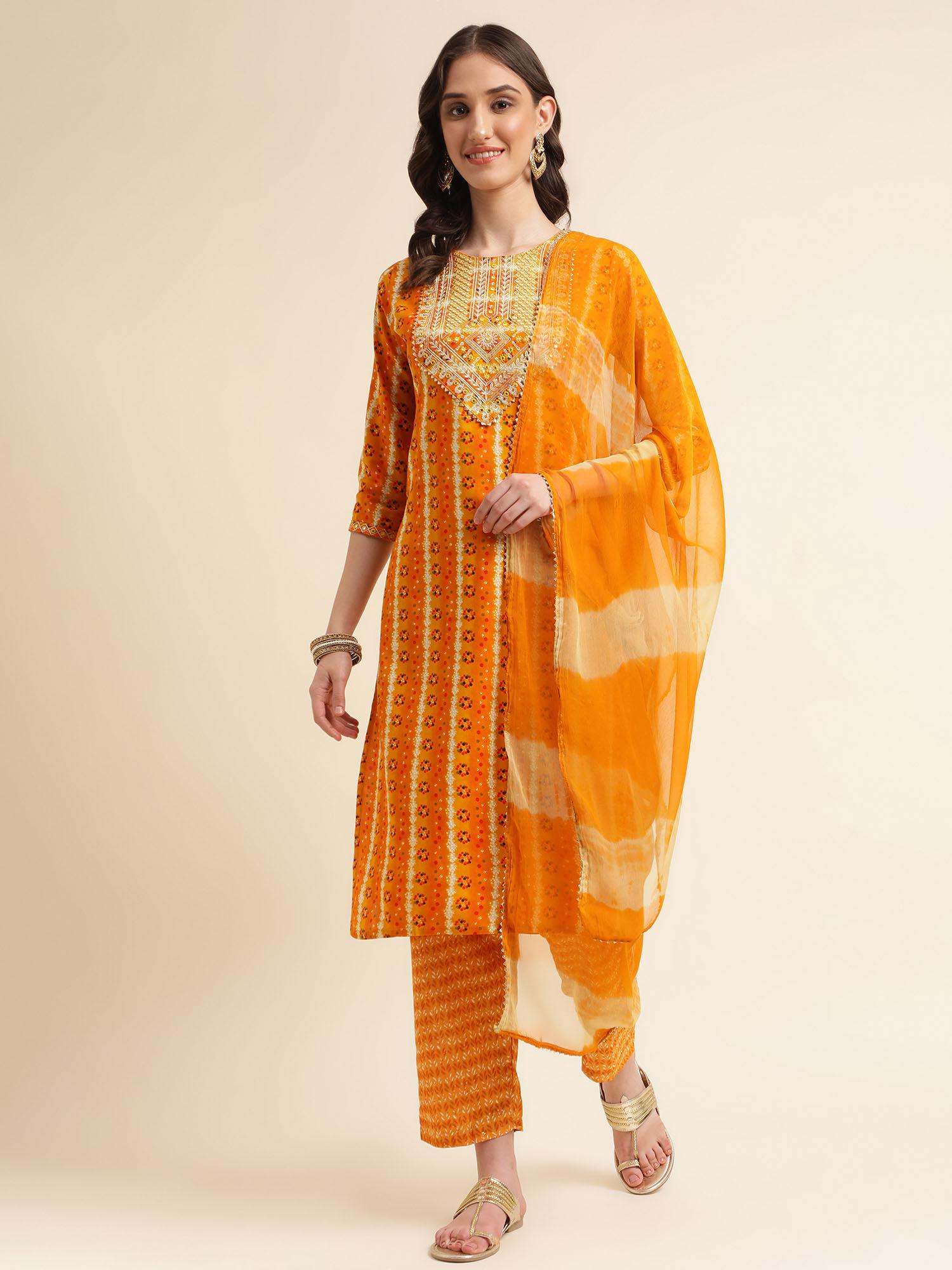 women embroidered round neck kurta and trouser with dupatta (set of 3)