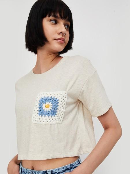 women embroidered round neck pure cotton grey t-shirt