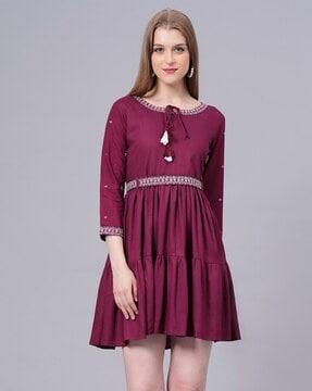 women embroidered round-neck tiered dress