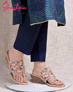 women embroidered round-toe wedges