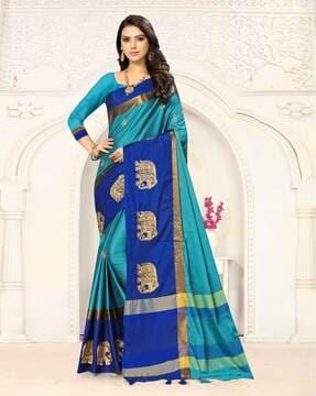 women embroidered saree with contrast & tasselled border