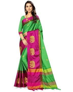women embroidered saree with contrast & tasselled border