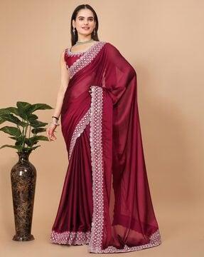 women embroidered saree with contrast border