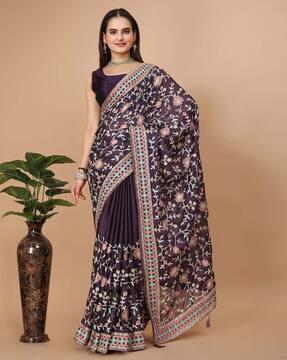 women embroidered saree with contrast border