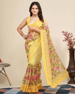 women embroidered saree with contrast border