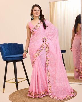 women embroidered saree with contrast border