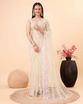 women embroidered saree with cut-out border