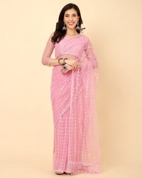 women embroidered saree with fringes