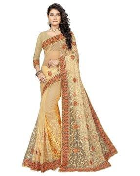 women embroidered saree with patch border