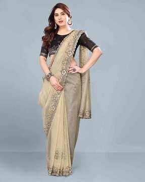 women embroidered saree with scallop border