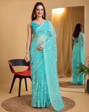 women embroidered saree with scalloped border