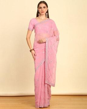 women embroidered saree with scalloped hem