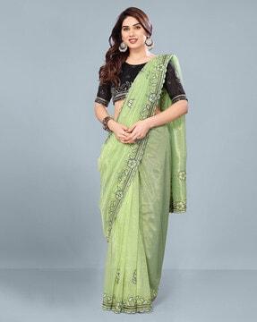 women embroidered saree with scalloped hem