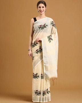 women embroidered saree with tassels & unstitched blouse piece