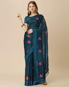 women embroidered saree with tassels