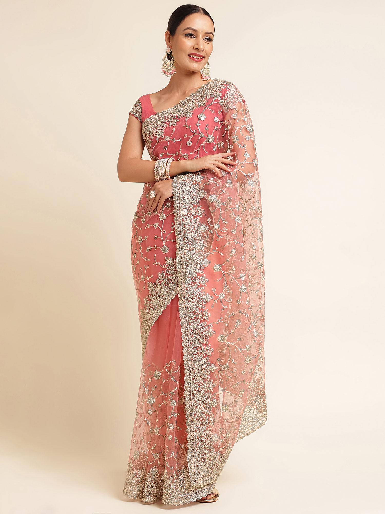 women embroidered saree with unstitched blouse