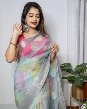 women embroidered saree with zari border