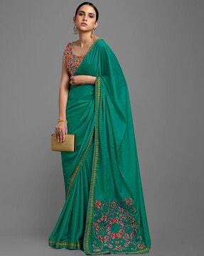 women embroidered satin saree