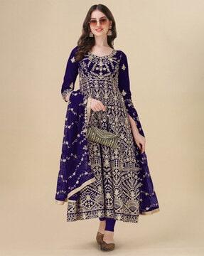 women embroidered semi-stitched anarkali dress material with dupatta