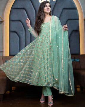 women embroidered semi-stitched anarkali dress material