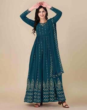 women embroidered semi-stitched anarkali dress material