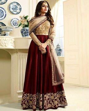 women embroidered semi-stitched anarkali dress material