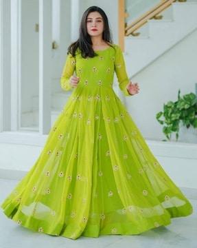 women embroidered semi-stitched anarkali dress material