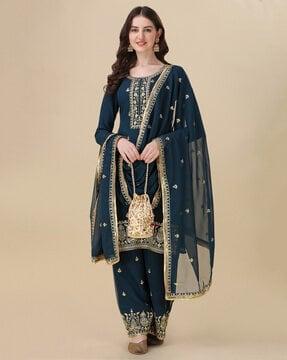 women embroidered semi-stitched dress material with dupatta set