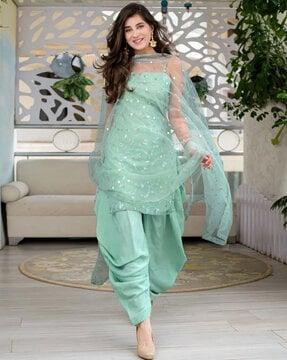 women embroidered semi-stitched dress material with dupatta set