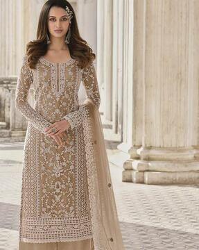 women embroidered semi-stitched dress material with dupatta set