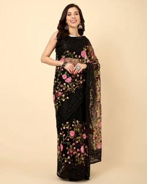 women embroidered sheer-through net saree