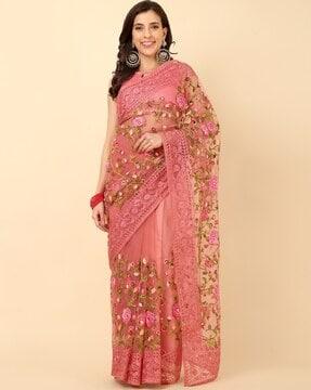 women embroidered sheer-through net saree