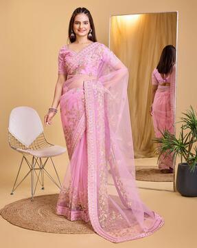 women embroidered sheer-through saree