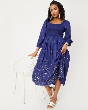 women embroidered smocked fit & flare dress