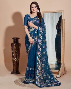 women embroidered soft net saree