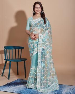 women embroidered soft net saree