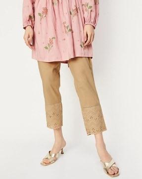 women embroidered straight fit flat-front pants