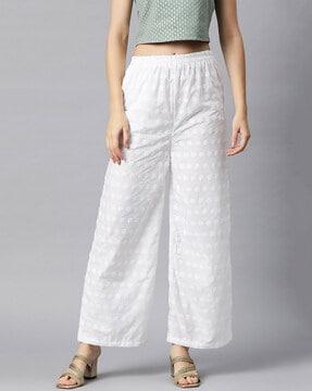 women embroidered straight fit palazzos with elasticated waistband