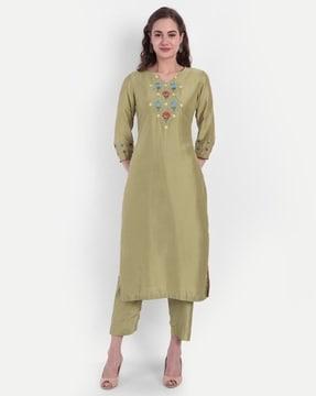 women embroidered straight kurta & palazzos set